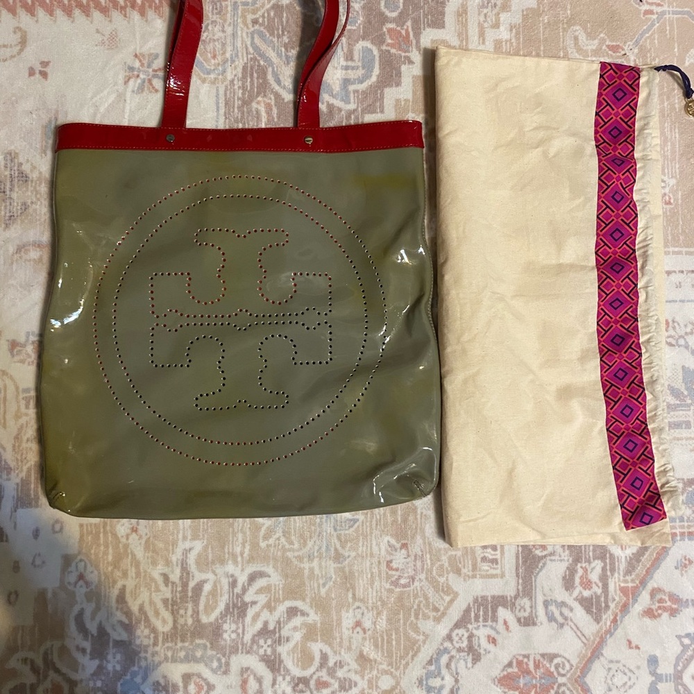 Tory Burch Green Tote with Red Trim